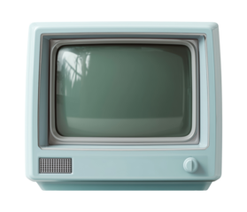 Retro light blue television with gray screen and control knobs, isolated on transparent background