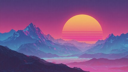 Fototapeta premium A stunning sunset paints the sky with bright hues showcasing mountains and tranquil waters below.