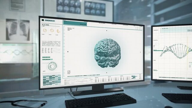 Hospital X-Ray Diagnostic Scan Finds Brain Tumor. X-Ray Diagnostic Examination Of Patients Brain. Innovative X-Ray Diagnostic Software For Medical Treatment Of Human Organism. User Interface