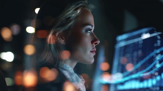 Professional woman sitting in front of glowing trading screens, symbolizing focus, innovation, and the evolution of finance in the digital era.
