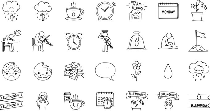 Hand-drawn Blue Monday icons set depicting sadness, depression, and morning melancholy with elements like crying, rain, coffee, and work stress.