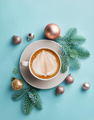 Creative concept photo of coffee cup with pastry and christmas decorations celebrating new year xmas holiday on green background.
