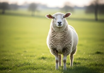 Obraz premium A fluffy white sheep stands in a vibrant green pasture, looking directly at the viewer with soft natural light.