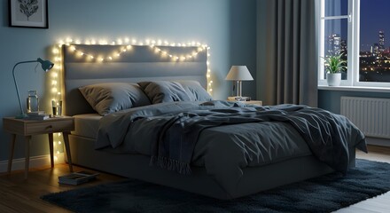 Bedroom interior with soft lighting and bed