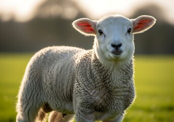 A cute white lamb with woolly fleece stands in a vibrant green field, looking directly at the viewer with soft light.