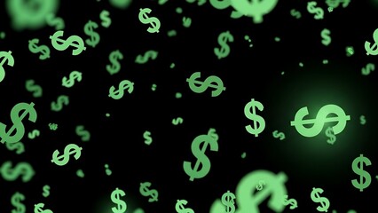 Green Dollar Sign Symbols Floating Against Black Background for Financial and Business Concepts