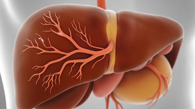 Dynamic liver anatomy animation with blood vessels moving for medical science visualization and disease understanding in health education