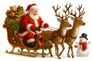 Fototapeta premium santa claus riding his christmas sleigh with reindeer a snowman and a sack full of gifts isolated on white