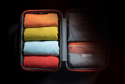 modern open travel bag with folded colorful shirt and pants inside on black background, isolated luggage scene showing fashion apparel organization and useful template for t shirt design display