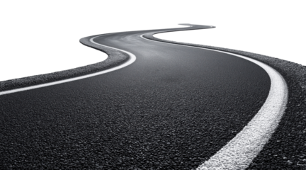 Winding asphalt road with white center markings curving through perspective, isolated on transparent background
