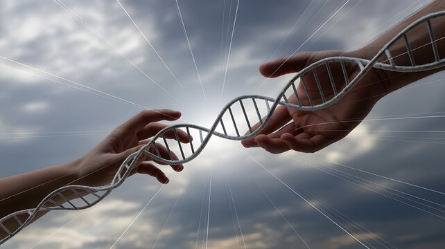 Human Hands Holding DNA Helix Symbolizing Genetic Connection, Biotechnology, Evolution, and the Future of Medical Science Innovation
