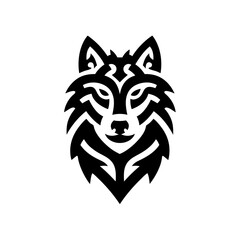 Obraz premium Stylized tribal wolf head illustration. Black and white graphic design with intricate patterns, representing wild animal power and spirit.