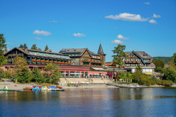 Naklejka premium A dock with a boat and a blue buoy sits on a lake Titisee in Germany