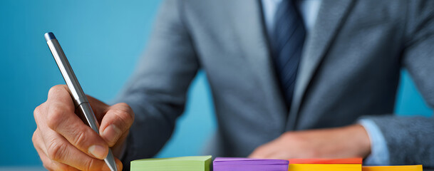 neck down businessman writing colorful sticky notes in office setting during project planning as he focuses on details of professional development teamwork, strategic business management goals
