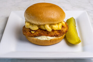 chicken fillet sandwich  with macaroni and cheese,