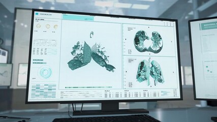 Patient Examination In Innovative Anatomical Scanner Finds Lung Cancer Diagnosis. Medical Ultrasound Scanner Interface Conducts Examination Of Ill Patient. Scanner For Examination Of Patients Health - Powered by Adobe