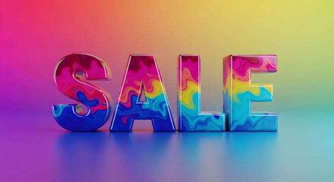 Colorful 3d letters spelling out sale with a vibrant, abstract marbled pattern against a gradient background, representing a special offer or discount event