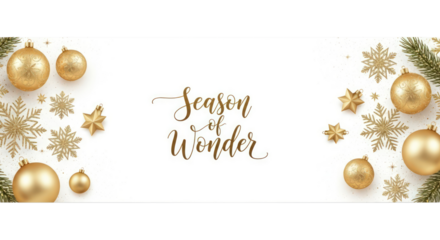 Season of wonder text with golden Christmas ornaments and snowflakes isolated on a transparent background