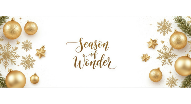 Season of wonder text with golden Christmas ornaments and snowflakes isolated on a transparent background