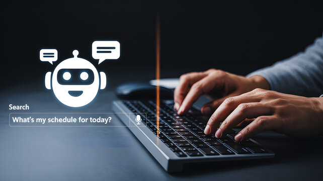 Hands Typing on Laptop with Chatbot Virtual Assistant Icon Representing AI Automation, Customer Support, and Smart Digital Communication