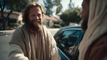 Two bearded men in beige robes chat and smile beside a parked car on a sunny suburban street. Concept Bearded men in beige robes, Casual suburban street, Smiling chat beside a parked car