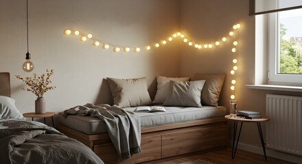 Cozy bedroom interior with decorative lights