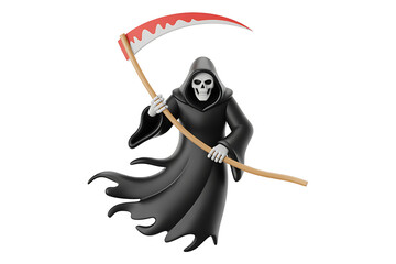 Dark hooded figure with skeletal face wields a scythe, representing mortality and the inevitable end.
