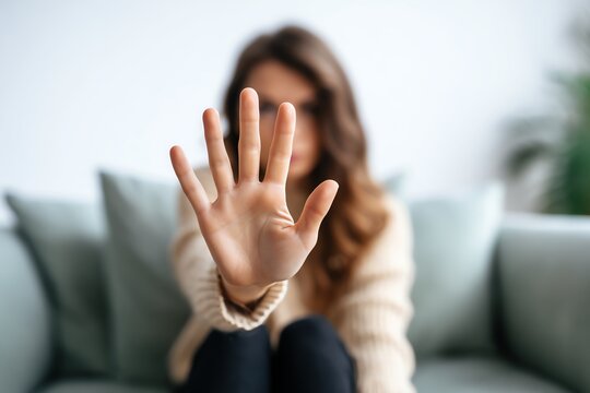 A woman sitting on a couch extends her hand in a gesture of saying 'no' or setting a boundary. The indoor scene captures a moment of self-assertion and personal space.