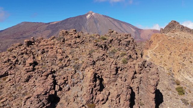 Aerial view of Mount Teide National Park, Teide known as  active volcano in Tenerife, Canary Islands. Scenic aerial POV of national park in Tenerife, Spain.