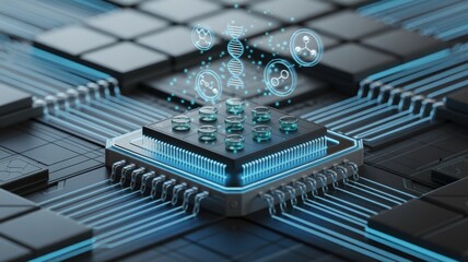 Central processing unit visualizing DNA and molecular data, symbolizing advanced bioinformatics technology