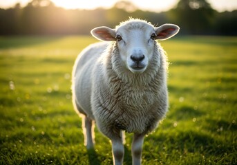 Fototapeta premium A fluffy white sheep stands in a vibrant green field bathed in warm golden sunlight at sunset.