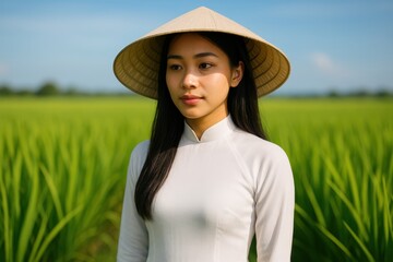 Vietnamese Woman in Traditional Ao Dai in Rice Field. AI Generative.