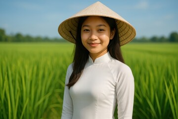 Smiling Vietnamese Woman in Ao Dai among Green Rice Fields. AI Generative.