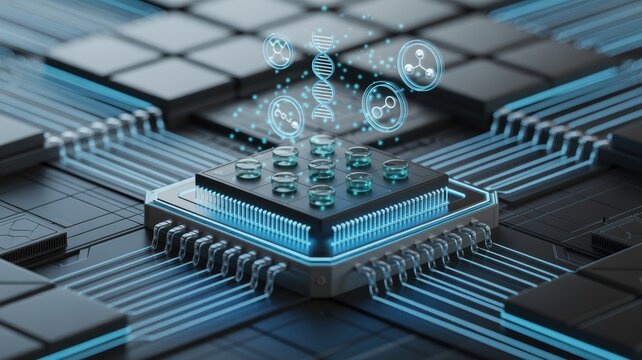 Central processing unit visualizing DNA and molecular data, symbolizing advanced bioinformatics technology