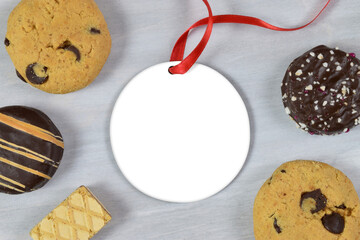 Round Christmas Ornament Mockup with Chocolate Chip Cookies