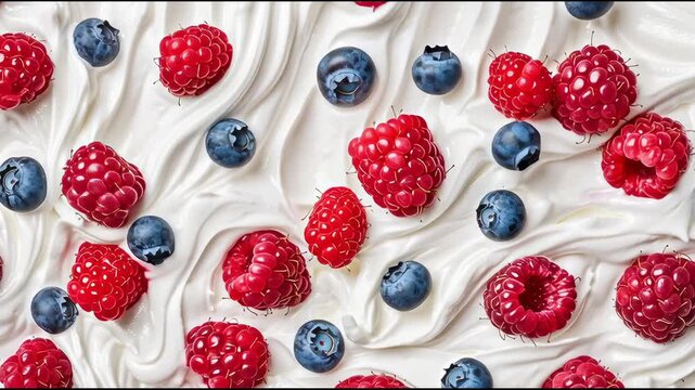 Delicious fresh raspberries and blueberries scattered across a textured white cream or yogurt background