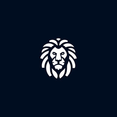 Obraz premium Majestic white lion head icon on dark blue background, symbolizing strength, leadership, and royalty. Elegant graphic design.
