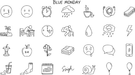 Blue Monday Concept: Hand-drawn doodle icons representing sadness, depression, lack of energy, and everyday struggles associated with mental health.