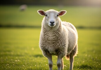 Fototapeta premium A fluffy white sheep stands in a sunlit green pasture, looking directly at the viewer.