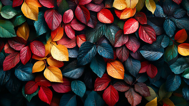 Top view of many different colorful leaves covered by dew. Autumn season, wallpaper