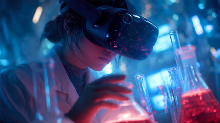 Scientist in VR headset conducting virtual reality experiment with glowing beakers in a futuristic, neon-lit laboratory setting