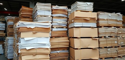 Recycled paper and cardboard bales stacked for processing, secondhand, factory