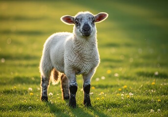 Fototapeta premium A cute young lamb stands in a sunlit green field with small white flowers, looking directly at the viewer.
