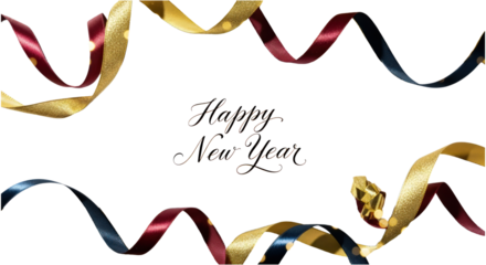 Happy New Year text with colorful ribbons isolated on a transparent background, festive decoration