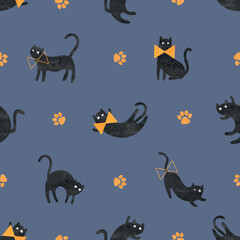 Cute watercolor black cats with orange bows pattern. Halloween vector print