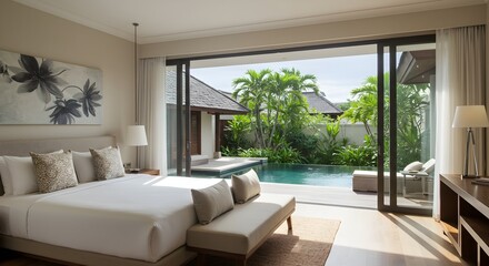 Luxury bedroom with pool view