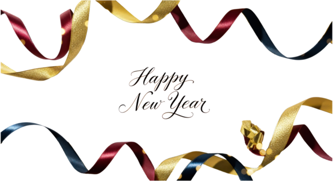 Happy New Year text with colorful ribbons isolated on a transparent background, festive decoration