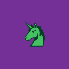 Fototapeta premium Stylized green unicorn head illustration with star eye, mythical creature fantasy vector graphic on a vibrant purple background.