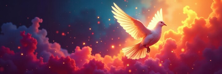 Fototapeta premium Abstract dove, vibrant colors, Pentecost flame background, energy, spirit, confirmation