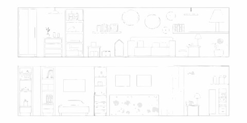 Interior design sketch of a modern living room and bedroom with furniture and decorative elements